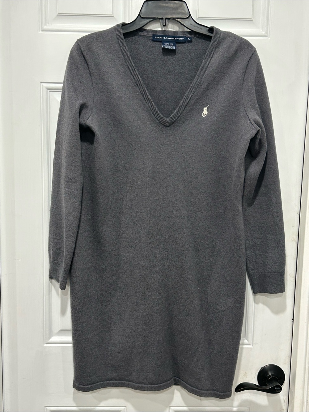 Ralph Lauren Sport Gray Merino Wool V-Neck Sweater Dress Quiet Luxury Sz XL